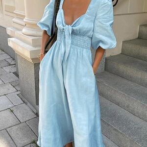 Commense Light Blue Linen Cotton Front Tie Midi Dress in Size XL NWT$59